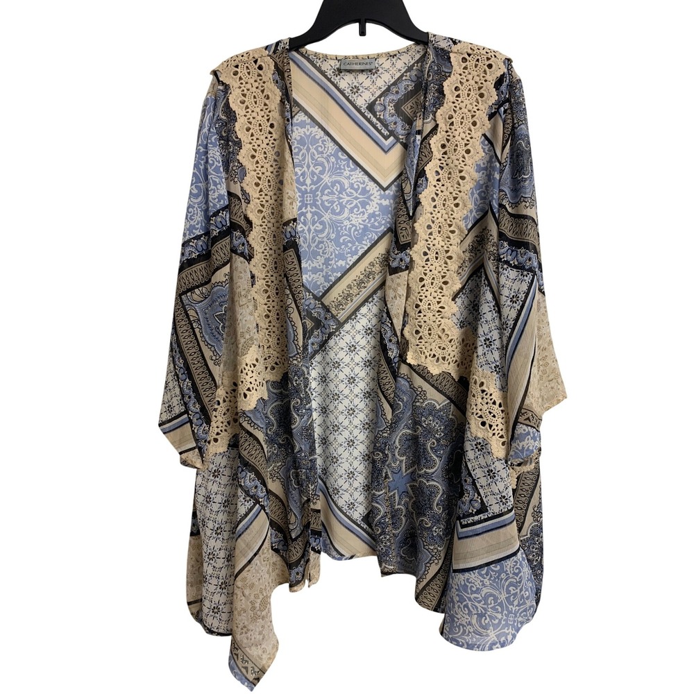 Catherines Blue Paisley Crochet Lace Trim Kimono Cardigan Open Front Duster‎